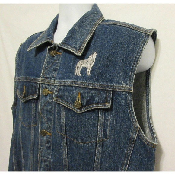 Guide Gear Mens Medium M Denim Vest Embroidered Howling WOLF Cowboy Hunter - Picture 5 of 10